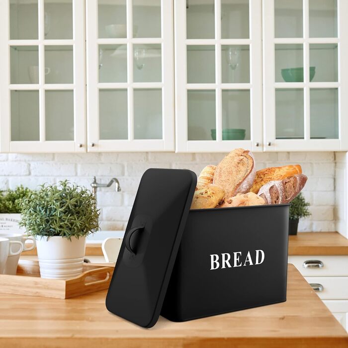 Черная хлебница Herogo, очень большая металлическая хлебница для кухни, винтажный высокий держатель для хлеба с крышкой, компактный контейнер для хранения хлеба на столешнице, вмещает 2 хлеба, 33 x 24,5 x 19 см