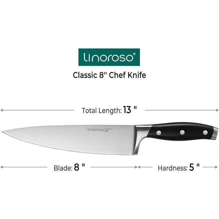 Шеф-ніж Linoroso 8-дюймовий професійний кухонний ніж, ультрагострий кухарський ніж з кованим лезом з кованої німецької нержавіючої сталі, повний вал, ергономічна ручка - 8-дюймовий кухонний ніж класичної серії