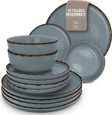 Набір посуду з керамограніту 6 персон Рустик 24 шт. - Набір посуду в сільському стилі, можна мити в посудомийній машині - Набір мисок і тарілок - Чистий живий посуд (набір з 18 предметів, димчасто-блакитний)