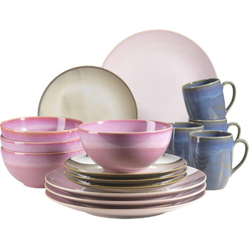 Набор посуды MSER 931545 Ossia на 4 персоны в средиземноморском винтажном стиле, комбинированный сервиз из 16 предметов из керамики (розовый / голубой лунный / розовый / голубой)
