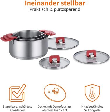Набір посуду з 3 каструль Kitchen-Profi Basics - нержавіюча сталь, антипригарне покриття, безпечне для індукції, з кришками - 16/20/24 см з нержавіючої сталі