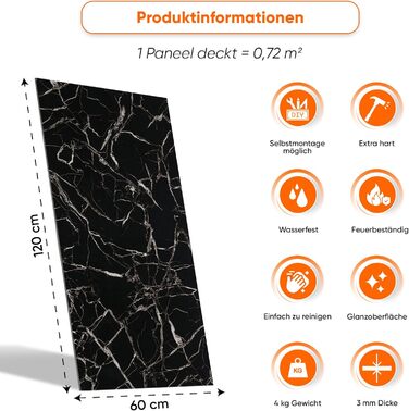 Стінові панелі IZODEKOR під мармур 60x120 см Панель для кухонного фартуха ПВХ-облицювання стін для кухні, ванної кімнати Бризкозахисний екран для кухні Водонепроникний та термостійкий (4 панелі 4 монтажних клею, чорно-білий)