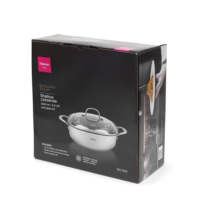 Сотейник Fissman EXCLUSIVE PRO 26x9 см / 4,6 л зі скляною кришкою нержавіюча сталь (5543)