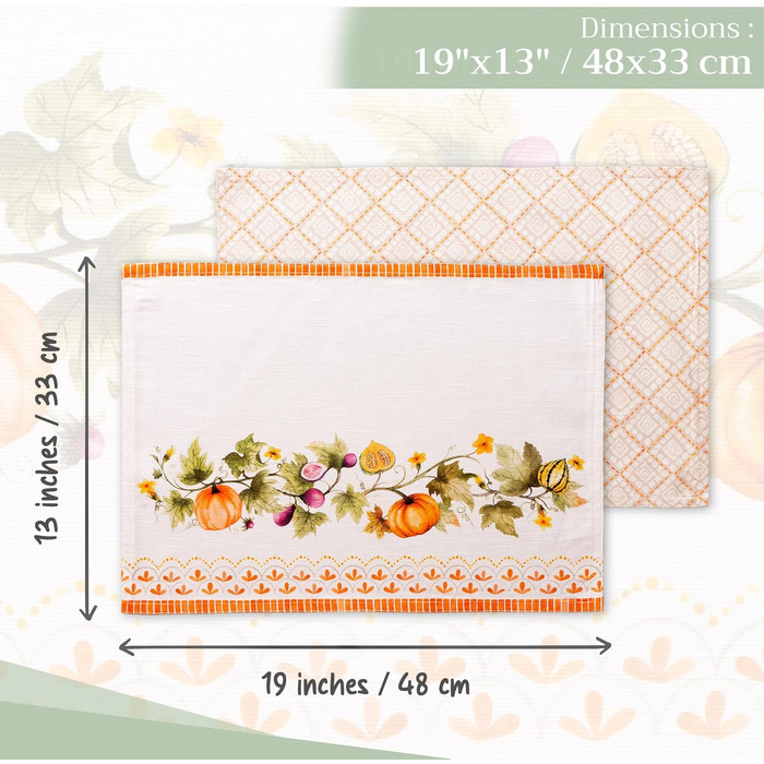 Бавовняні килимки для серветок, набір з 4 шт. , декоративні килимки для серветок, пасхальні килимки, що миються, для свят, вечерь, весни, літа (33 см x 48 см) (20 - Гарбузовий сад - Хмарно-кремовий), 39Hermine 100