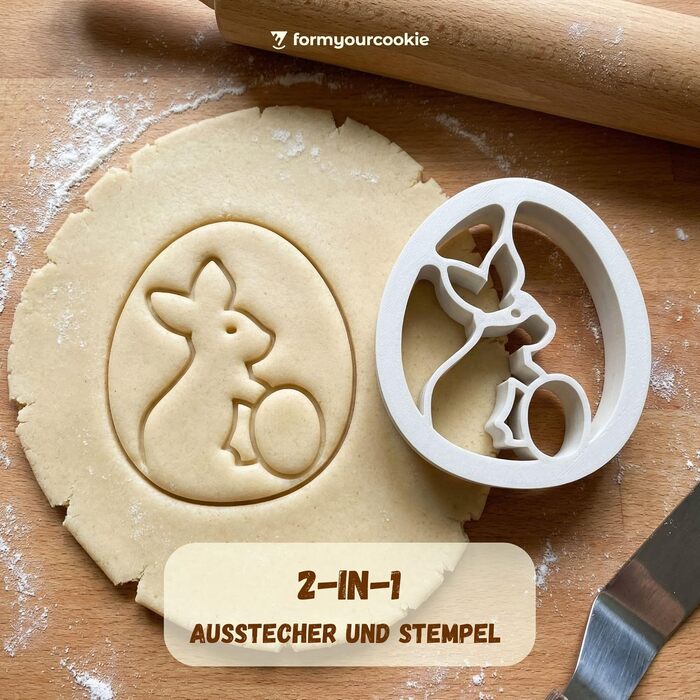 Набір із 3 формочок для пасхального печива, смугастий візерунок у формі пасхальних яєць, кролик, 2 в 1 зі штампом, 5 x 4 см, можна мити в посудомийній машині, екологічно чисті, стійкі до іржі (2 пасхальні яйця &quotКролик&quot (5x4 см))