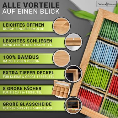 Екологічна чайна коробка з 8 дерев&39яними відділеннями - Герметичне зберігання чайних пакетиків виготовлене з сертифікованого бамбука - Органайзер для чаю з магнітною застібкою та скляною кришкою - Зберігання чайних пакетиків