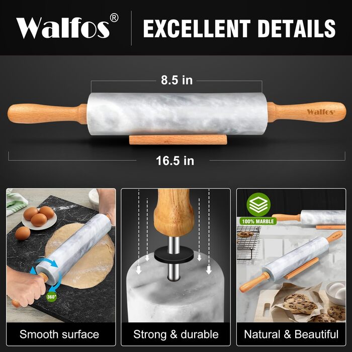 Мармурова скалка 41,9 х 5,1 см Walfos