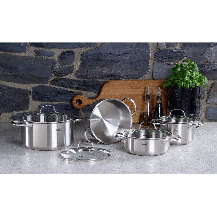 Набір посуду Fissler San Francisco/Нержавіюча сталь, 4 предмети, каструлі зі скляними кришками, індукційна (3 каструлі для приготування, 1 каструля для тушкування)
