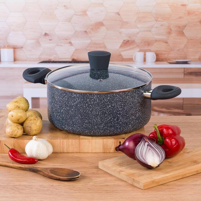Каструля Russell Hobbs RH00845EU з антипригарним покриттям - 18 см/2 л з кришкою із загартованого скла, індукційна каструля, каструля для овочів/супу з бакелітовою ручкою та термостійким зовнішнім покриттям, камінь Nightfall (66 x 47 x 15 см)