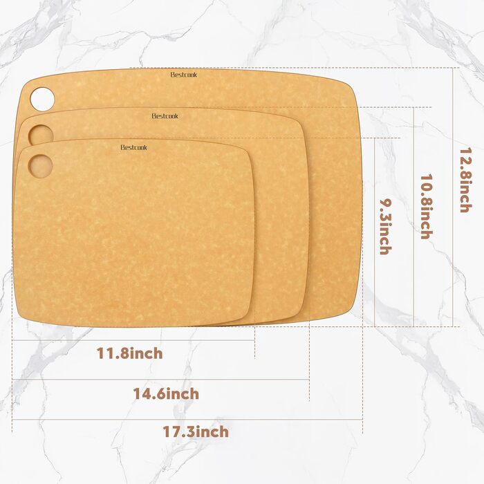 Набір обробних дощок BESTCOOK з деревного волокна, 3 шт., можна мити в посудомийній машині, висока щільність, антипористі, без BPA, не туплять ножі, ідеально підходять для нарізання мяса, овочів, сиру та хліба (дерево, велика середня)