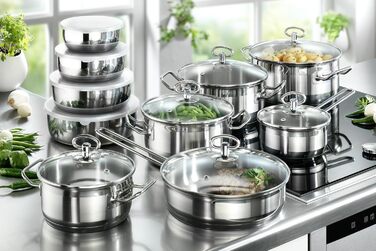 Набір посуду Karcher Jasmin, 20 предметів Набір посуду з нержавіючої сталі для індукції, включаючи скляні кришки Каструлі та сковорідки, придатні для миття в посудомийній машині та духовці Посуд для всіх типів плит з чашами з нержавіючої сталі