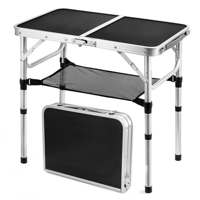 Складной кемпинговый стол алюминиевый регулируемый по высоте и легкий, с сетчатой поверхностью и S-образными крючками. Прочный уличный стол для пикника, рыбалки и сада (черный)