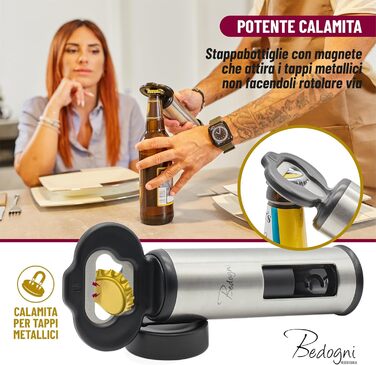 Штопор для вина та пива з магнітним утримувачем кришок чорний Bedogni Reggio Emilia