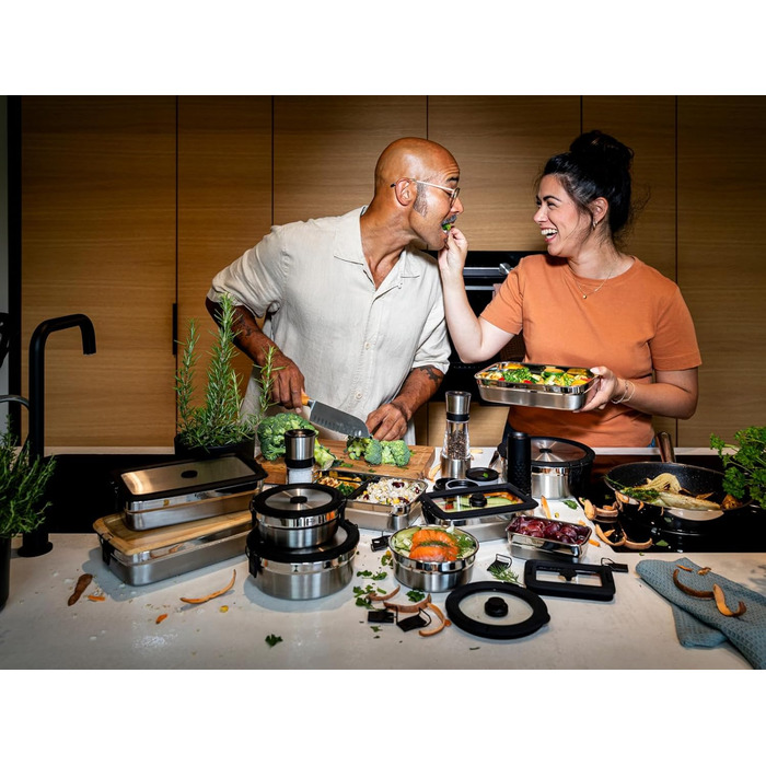 Кришка RSLE FLEXX 2GO з нержавіючої сталі з затискачами для ланч-боксу, силіконовий обідок, герметична, силіконовий клапан, сріблясто-чорна, срібляста (кругла з нержавіючої сталі, кругла 1,4 л)