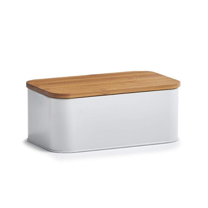 Хлібниця Zeller 25377 з бамбуковою кришкою, метал, матовий, приблизно 42,5 x 23 x 13 см, хлібниця з вентиляційними отворами, для зберігання хліба, прямокутний контейнер для хліба, проста хлібниця в сучасному дизайні (біла, 31 x 18 x 12,5 см)