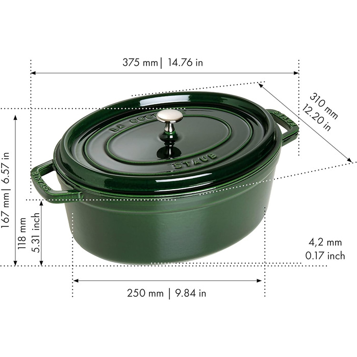 Чавунна жаровня/кокотниця STAUB, овальна 6,7 л, (33 см, базилік/зелений)