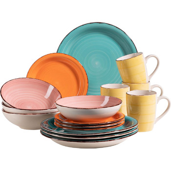 Набор винтажной посуды из 16 предметов на 4 персоны, керамический сервиз с ручной росписью, красочный, керамогранит, (бирюзовый/розовый/оранжевый/желтый), 931499 Bel Tempo II