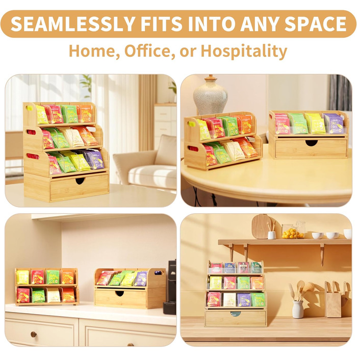 Шаровий органайзер для чайних пакетиків з бамбука з 3 полицями, що штабелюються, та 1 шухлядою, попередньо зібрана коробка для зберігання чайних пакетиків, кавових капсул, підсолоджувачів, спецій на кухні чи в офісі, 4-