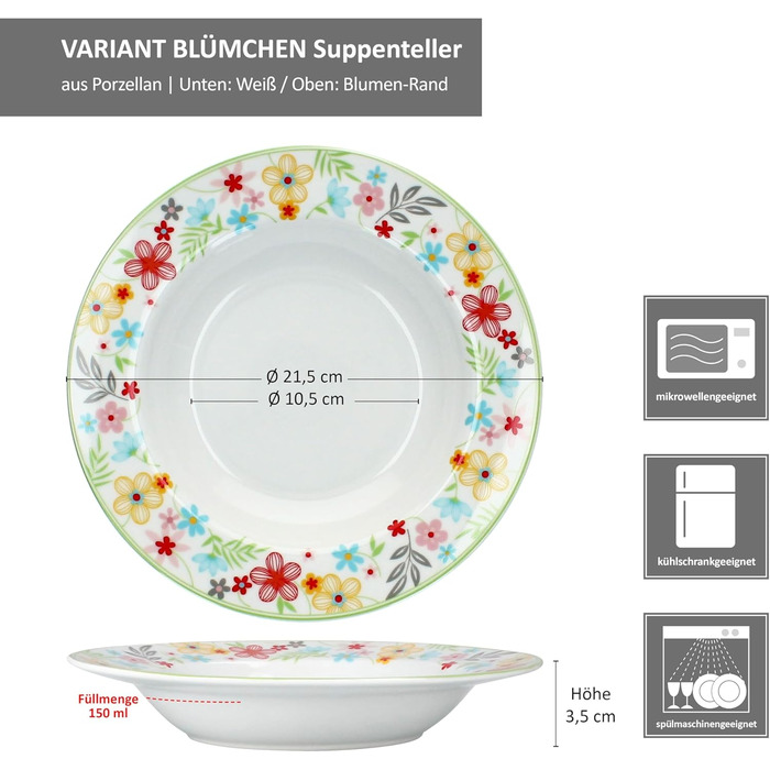 Набір із 6 тарілок для торта MamboCat Variant Floral Барвисті порцелянові тарілки для сніданку на 6 осіб Барвисті маленькі тарілки для салату, десерту та інших страв на сніданок, обід, каву та вечерю (тарілки для супу)