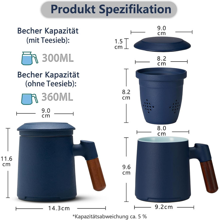 Чашка для чаю ZENS з кришкою та ситечком, керамічна кружка для розсипного чаю з дерев'яною ручкою 360 мл, чашки для заварювання чаю з матовою глазур'ю/темно-зелена (03-синя)