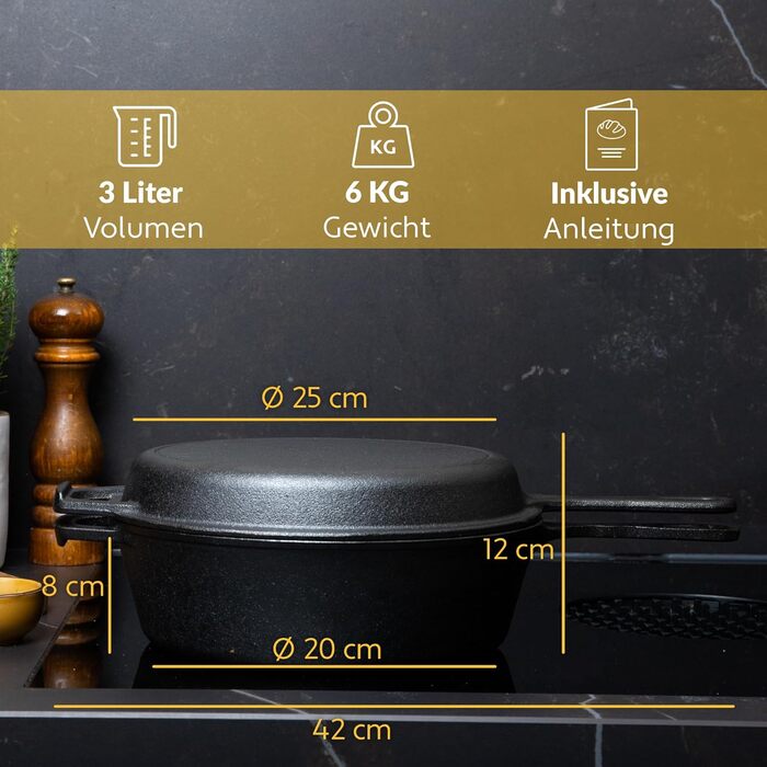 Чавунна форма для хліба Chefarone з кришкою - форма для хліба та тістечок - прямокутна форма для випікання та запікання - чавунна каструля для випікання хліба - 28 x 12 см (3 л 2 в 1)