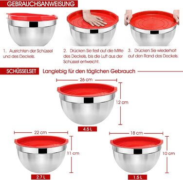 Набір мисок для змішування Herogo, салатниця з нержавіючої сталі з герметичною кришкою, металева миска для випічки, нетоксична та нержавіюча, міцна та придатна для миття в посудомийній машині (4.5/2.7/1.5 л) (червоний, 3)