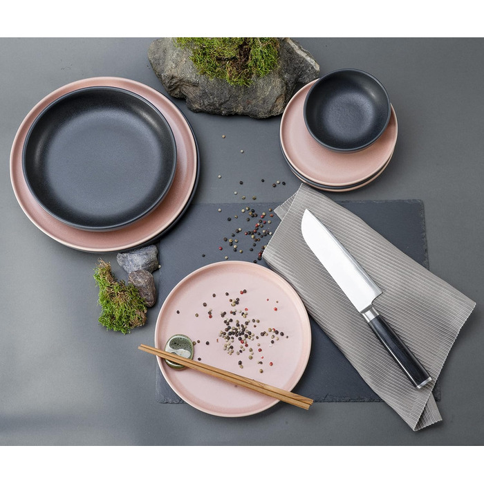 Серия Uno Набор посуды из 16 предметов, набор из керамогранита Combi (розовый черный, столовый сервиз 8 предметов), 22978
