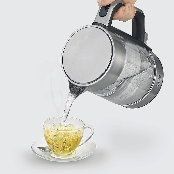 Стеклянный чайник SEVERIN с обемом наполнения 1,7 л XXL, мощный и компактный чайник в высококачественном дизайне, электрический чайник с фильтром известкового налета, 2200 Вт, стекло из нержавеющей стали, WK 3420 одинарный
