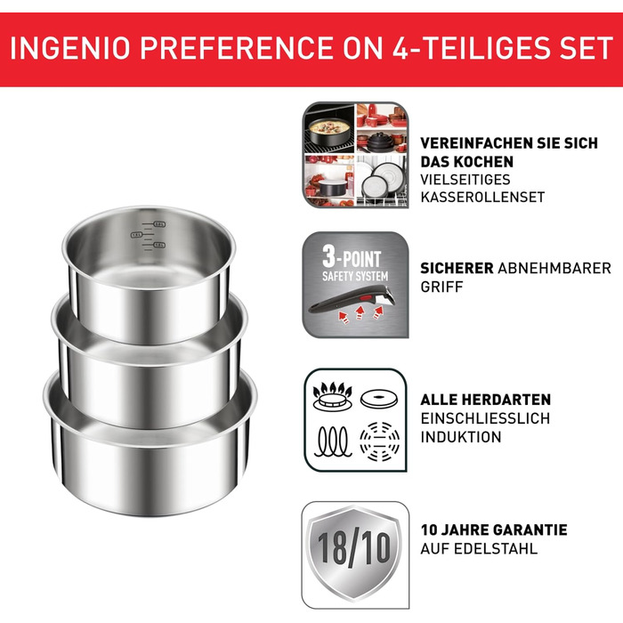 Набір посуду для індукційного приготування Tefal Ingenio Preference On з 15 предметів зі знімною ручкою, що штабелюється, економить місце, з антипригарним покриттям, простий у використанні та чищенні, L97495 Набір посуду для каструль та сковорідок (Набір