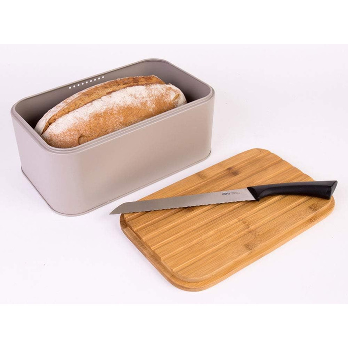 Хлібниця Zeller 25377 з бамбуковою кришкою, металева, матова, приблизно 42,5 x 23 x 13 см, хлібниця з вентиляційними отворами, для зберігання хліба, прямокутний контейнер для хліба, проста хлібниця в сучасному кольорі (сіро-коричневий, 31 x 18 x 12,5 см)