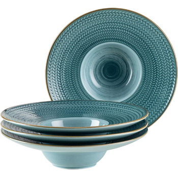 Набор тарелок для пасты из 4 тарелок с ручной росписью в гастрономическом качестве, идеально подходит также в качестве суповых тарелок в современном винтажном стиле, синий