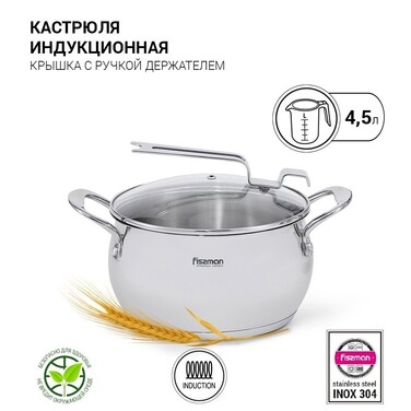 Каструля Fissman VITA 22x12,5 см 4,5 л зі скляною кришкою нержавіюча сталь (5217)