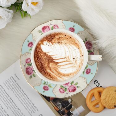 Чайні чашки з блюдцями Fanquare з квітковим візерунком, набір з 6 шт. , різноманітні пастельні квіткові порцелянові кавові чашки з золотим обідком, придатні для миття в посудомийній машині та заморожування (жовті та сині)