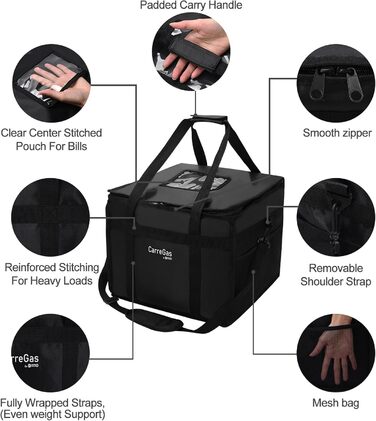 Ізольована харчова сумка, 38 x 38 x 32 см, ідеально підходить для гарячих та холодних страв, піци, ресторанів, доставки додому, індійської/китайської їжі, пікніків, термосумка, чорна