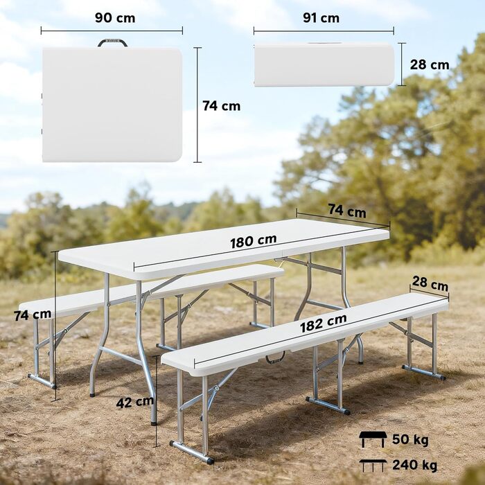 Складной кемпинговый стол из 2 лавки 180 x 74 x 74 см Outsunny