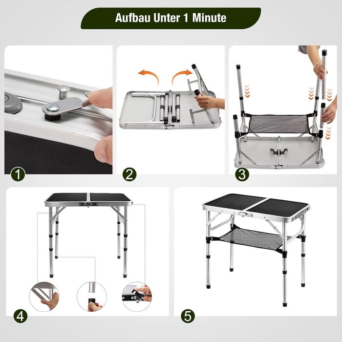 Складной кемпинговый стол алюминиевый регулируемый по высоте и легкий, с сетчатой поверхностью и S-образными крючками. Прочный уличный стол для пикника, рыбалки и сада (черный)