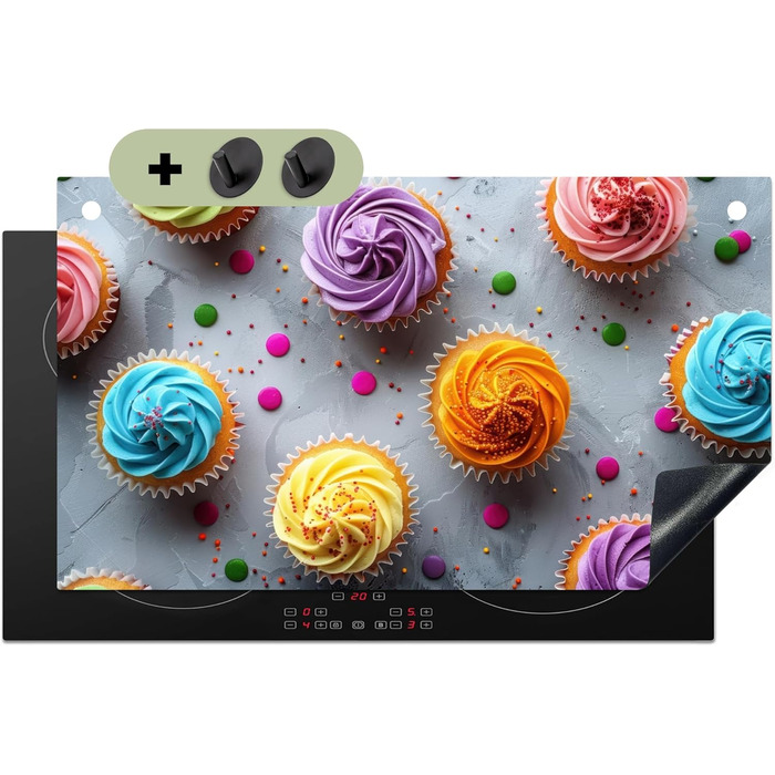 Фартух для плити, кухонний фартух, вініл, 78x52 см, декор для кухні, облицювання стіни, кришка плити - сіро-чорна (Кекси - Мафіни, 52,7Д x 91,6Ш см)