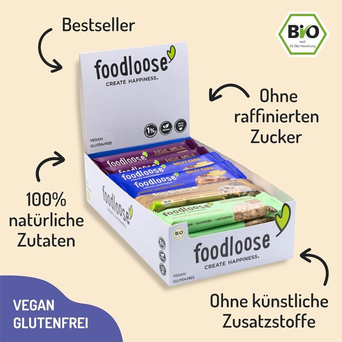Батончики горіхові 24 х 35 г, 4 різних смаки Foodloose