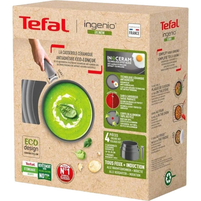 Tefal Набір посуду Ingenio Renew, 4 пр., алюміній, нержавіюча сталь, бакеліт, сірий