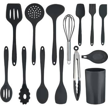 Набір кухонних гаджетів Herogo, силіконовий посуд із 14 предметів Набір кухонного посуду з тримачем для посуду, термостійкий кухонний посуд Кухонне приладдя Кухонний набір, можна мити в посудомийній машині, чорний