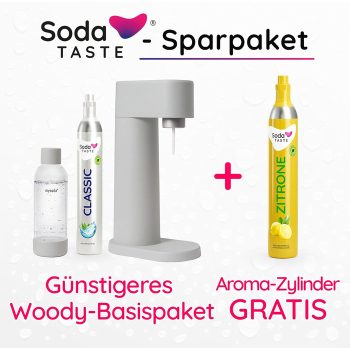 Набір для газування води, 4 предмети, класик + лимон, сірий Mysoda Woody SodaTASTE