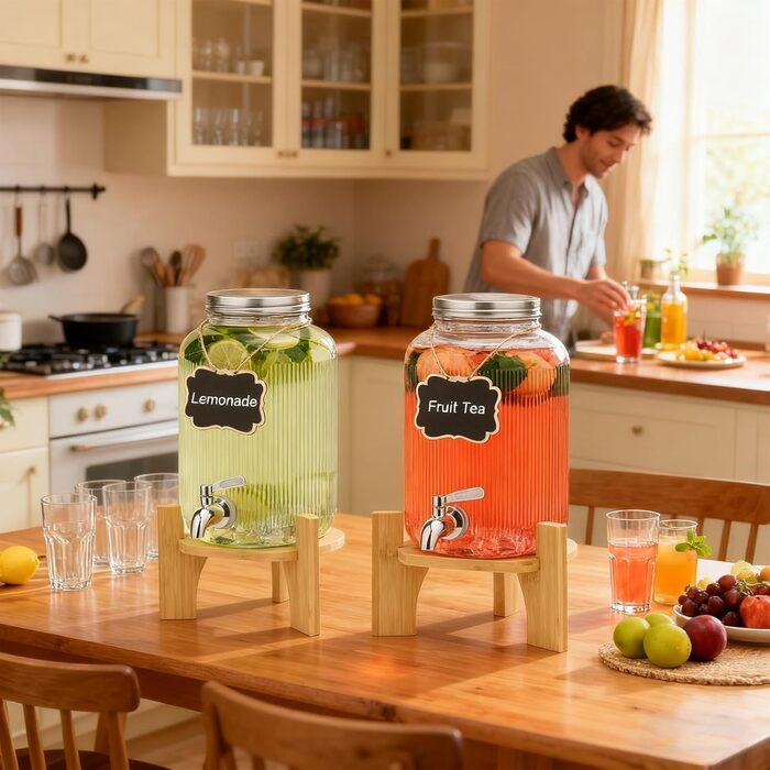 Скляний диспенсер для напоїв 4 л з краном та підставкою Hisredsun