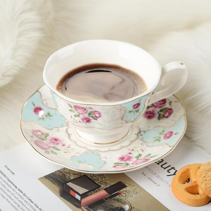 Чайні чашки з блюдцями Fanquare з квітковим візерунком, набір з 6 шт. , різноманітні пастельні квіткові порцелянові кавові чашки з золотим обідком, придатні для миття в посудомийній машині та заморожування (жовті та сині)