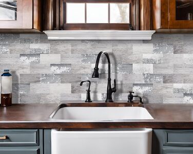 Штучна настінна плитка, самоклеюча панель для кухонного фартуха, тверда ПВХ плитка, клейка плитка для кухні та ванної кімнати (34 x 29 см) (20, бліде дерево)