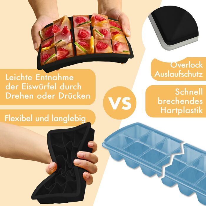 Силіконові формочки для льоду Blumtal, набір з 3 шт. - форма для льоду на 24 кубики з кришкою - силіконова форма для льоду без бісфенолу А - форма для льоду, безпечна для харчових продуктів - сіро-блакитна великі кубики (чорні, кубики XL)