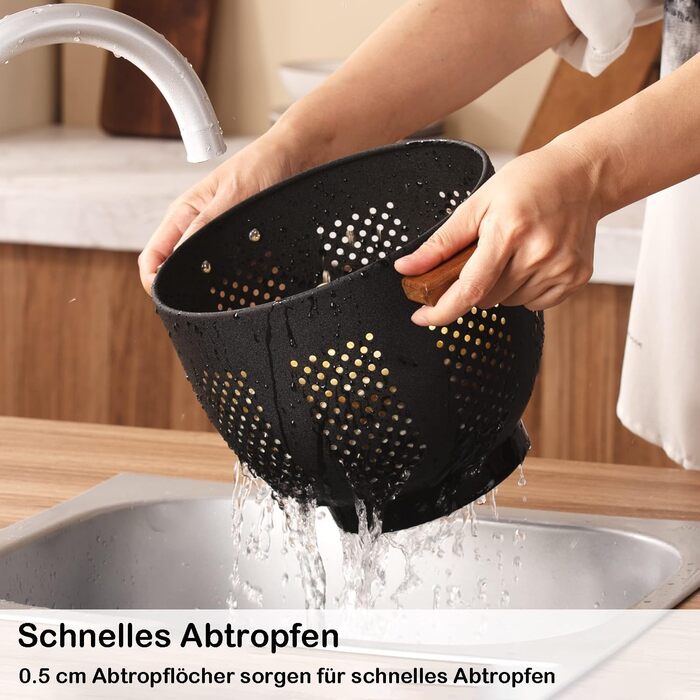 Металеве сито для пасти з дерев&39яною ручкою та стабільною основою, велике кухонне сито 22 см для пасти, овочів та фруктів, міцне кухонне сито (матово-чорне)