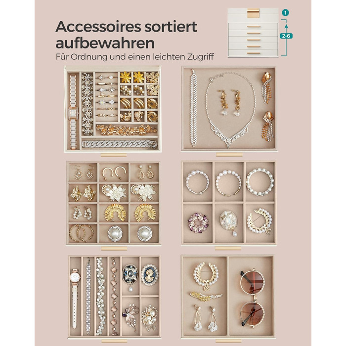 Скринька органайзер для ювелірних виробів 6-рівнева 20,3 x 23,1 x 22,8 см, хмарно-біла SONGMICS