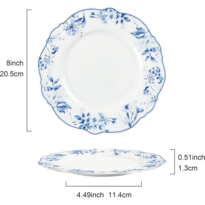 Набір із 4 тарілок для торта fanquare, порцелянові тарілки для хліба з блакитним квітковим візерунком, тарілки для торта Ø 21 см, тарілки для пасти, десертні тарілки, можна мити в посудомийній машині та використовувати в мікрохвильовій печі, блакитний кві