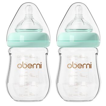Скляні дитячі пляшечки Oberni з силіконовою соскою, розмір 1, пляшечка для молока з широким горлом, дитяча пляшечка з антиколіковим клапаном для новонароджених від 0 місяців, 150 мл, сині, (синій/2 шт.)