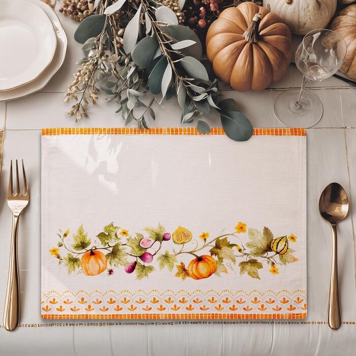 Бавовняні килимки для серветок, набір з 4 шт. , декоративні килимки для серветок, пасхальні килимки, що миються, для свят, вечерь, весни, літа (33 см x 48 см) (20 - Гарбузовий сад - Хмарно-кремовий), 39Hermine 100